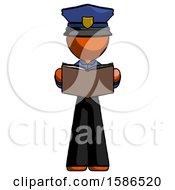 Poster, Art Print Of Orange Police Man Reading Book While Standing Up Facing Viewer