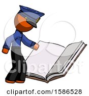 Orange Police Man Reading Big Book While Standing Beside It
