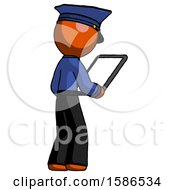 Orange Police Man Looking At Tablet Device Computer Facing Away