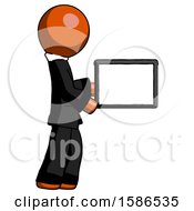 Poster, Art Print Of Orange Clergy Man Show Tablet Device Computer To Viewer Blank Area