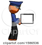 Poster, Art Print Of Orange Police Man Show Tablet Device Computer To Viewer Blank Area
