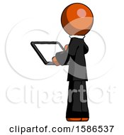 Poster, Art Print Of Orange Clergy Man Looking At Tablet Device Computer With Back To Viewer