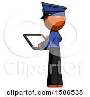 Orange Police Man Looking At Tablet Device Computer With Back To Viewer