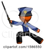 Poster, Art Print Of Orange Police Man With Ninja Sword Katana In Defense Pose