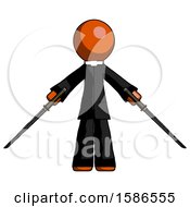 Orange Clergy Man Posing With Two Ninja Sword Katanas