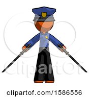 Poster, Art Print Of Orange Police Man Posing With Two Ninja Sword Katanas