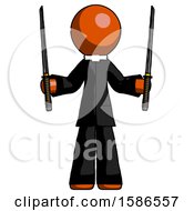Orange Clergy Man Posing With Two Ninja Sword Katanas Up