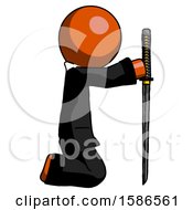 Poster, Art Print Of Orange Clergy Man Kneeling With Ninja Sword Katana Showing Respect