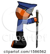 Poster, Art Print Of Orange Police Man Kneeling With Ninja Sword Katana Showing Respect