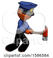 Orange Police Man With Ax Hitting Striking Or Chopping