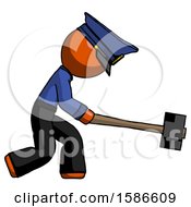 Poster, Art Print Of Orange Police Man Hitting With Sledgehammer Or Smashing Something