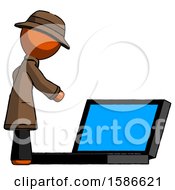 Poster, Art Print Of Orange Detective Man Using Large Laptop Computer Side Orthographic View