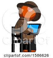 Poster, Art Print Of Orange Detective Man Using Laptop Computer While Sitting In Chair View From Back