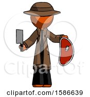 Poster, Art Print Of Orange Detective Man Holding Large Steak With Butcher Knife