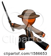 Orange Detective Man With Ninja Sword Katana In Defense Pose