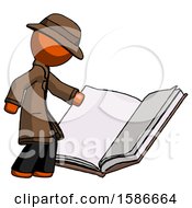 Orange Detective Man Reading Big Book While Standing Beside It