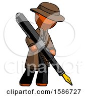Poster, Art Print Of Orange Detective Man Drawing Or Writing With Large Calligraphy Pen