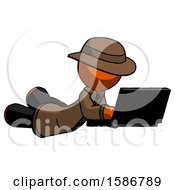 Poster, Art Print Of Orange Detective Man Using Laptop Computer While Lying On Floor Side Angled View
