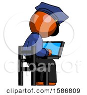 Poster, Art Print Of Orange Police Man Using Laptop Computer While Sitting In Chair View From Back