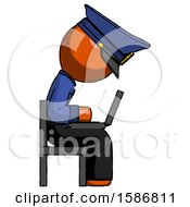 Poster, Art Print Of Orange Police Man Using Laptop Computer While Sitting In Chair View From Side