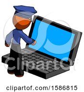 Orange Police Man Using Large Laptop Computer