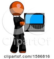 Poster, Art Print Of Orange Clergy Man Holding Laptop Computer Presenting Something On Screen