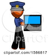 Orange Police Man Holding Laptop Computer Presenting Something On Screen