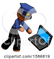 Orange Police Man Throwing Laptop Computer In Frustration