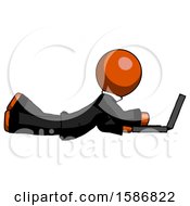 Poster, Art Print Of Orange Clergy Man Using Laptop Computer While Lying On Floor Side View