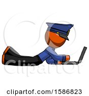 Poster, Art Print Of Orange Police Man Using Laptop Computer While Lying On Floor Side View