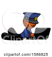 Poster, Art Print Of Orange Police Man Using Laptop Computer While Lying On Floor Side Angled View