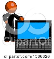 Poster, Art Print Of Orange Clergy Man Beside Large Laptop Computer Leaning Against It