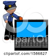 Orange Police Man Beside Large Laptop Computer Leaning Against It