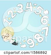 Clipart Of A Blond White Boy Flying And Pumping Out Numbers Clouds Royalty Free Vector Illustration