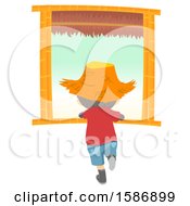 Rear View Of A Boy Wearing A Straw Hat And Looking Out Of A Window