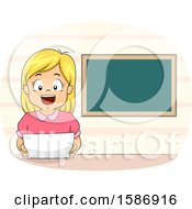 Poster, Art Print Of Blond White Girl Reading The News With A Blank Blackboard Behind