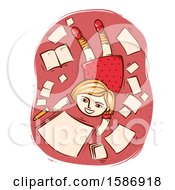 Clipart Of A White Girl Lying Down On The Floor With Paper And Pencil Royalty Free Vector Illustration