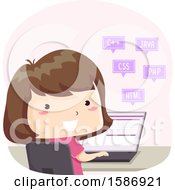Clipart Of A Brunette White Girl Programming On Her Laptop Using Different Programming Language Royalty Free Vector Illustration