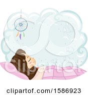Poster, Art Print Of Brunette White Girl Sleeping On Her Bed With A Dream Catcher And A Cloud With Space For Text