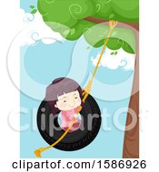 Poster, Art Print Of Brunette White Girl Sitting On A Swing Made From An Old Tire Hanging Down The Tree