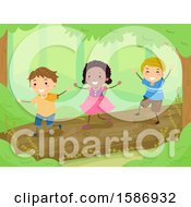 Group Of Children Balancing And Walking On A Log In The Woods