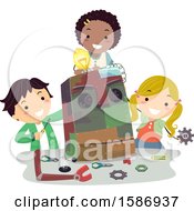 Poster, Art Print Of Group Of Children Building A Robot Made From Different Scraps From Junk Yard