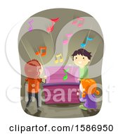 Poster, Art Print Of Group Of Children Opening A Chest With Musical Notes Coming Out