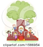 Poster, Art Print Of Group Of Children Playing Around An Indoor Playground Tree