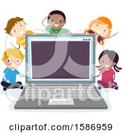 Clipart Of A Group Of Children Around A Giant Laptop Royalty Free Vector Illustration