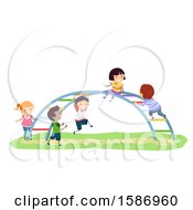 Poster, Art Print Of Group Of Children Playing On A Rainbow Bar In The Playground