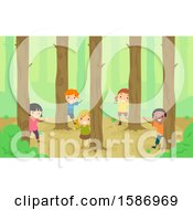 Poster, Art Print Of Group Of Children Peeking Around Trees In The Woods