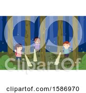 Poster, Art Print Of Group Of Children Shining Flashlights In The Woods At Night