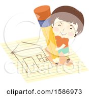 Poster, Art Print Of Boy Holding A Pencil And Drawing A House On Paper