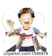 Clipart Of A Brunette White Boy Being Interviewed By Several People Holding Out Microphones Royalty Free Vector Illustration by BNP Design Studio